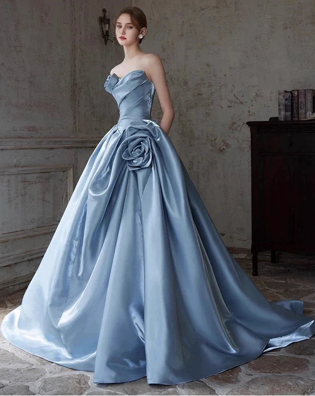 Glamorous Strapless Sleeveless Floral Blue Maxi Prom Dress