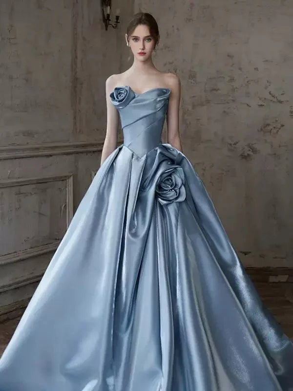 Glamorous Strapless Sleeveless Floral Blue Maxi Prom Dress