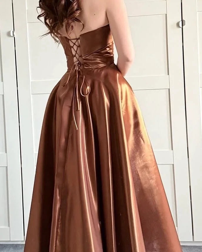 Glamorous Strapless Sleeveless Lace-Up Bronze Prom Dress