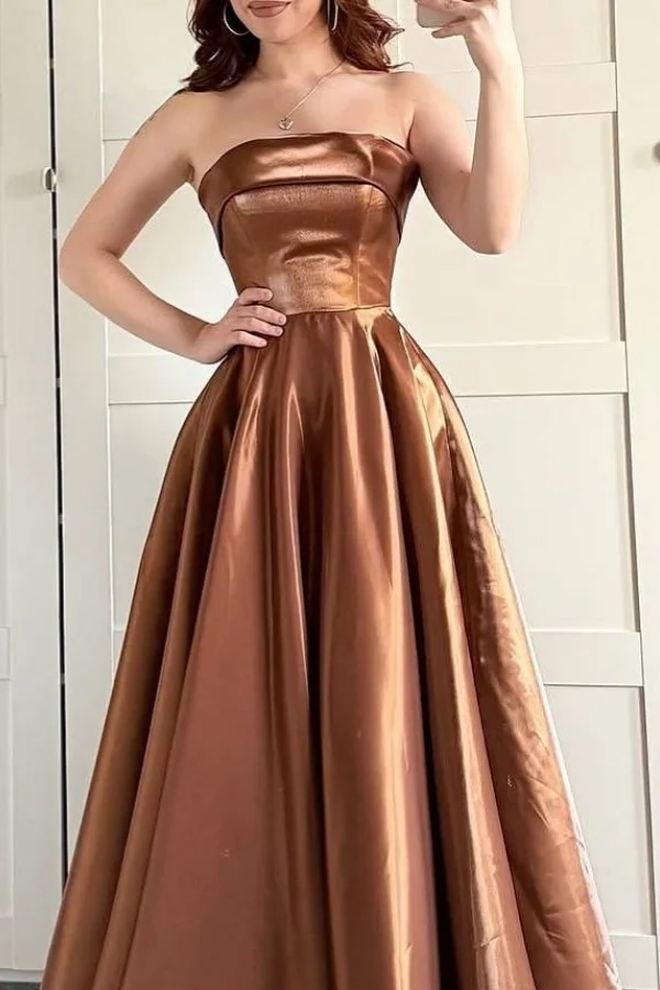 Glamorous Strapless Sleeveless Lace-Up Bronze Prom Dress