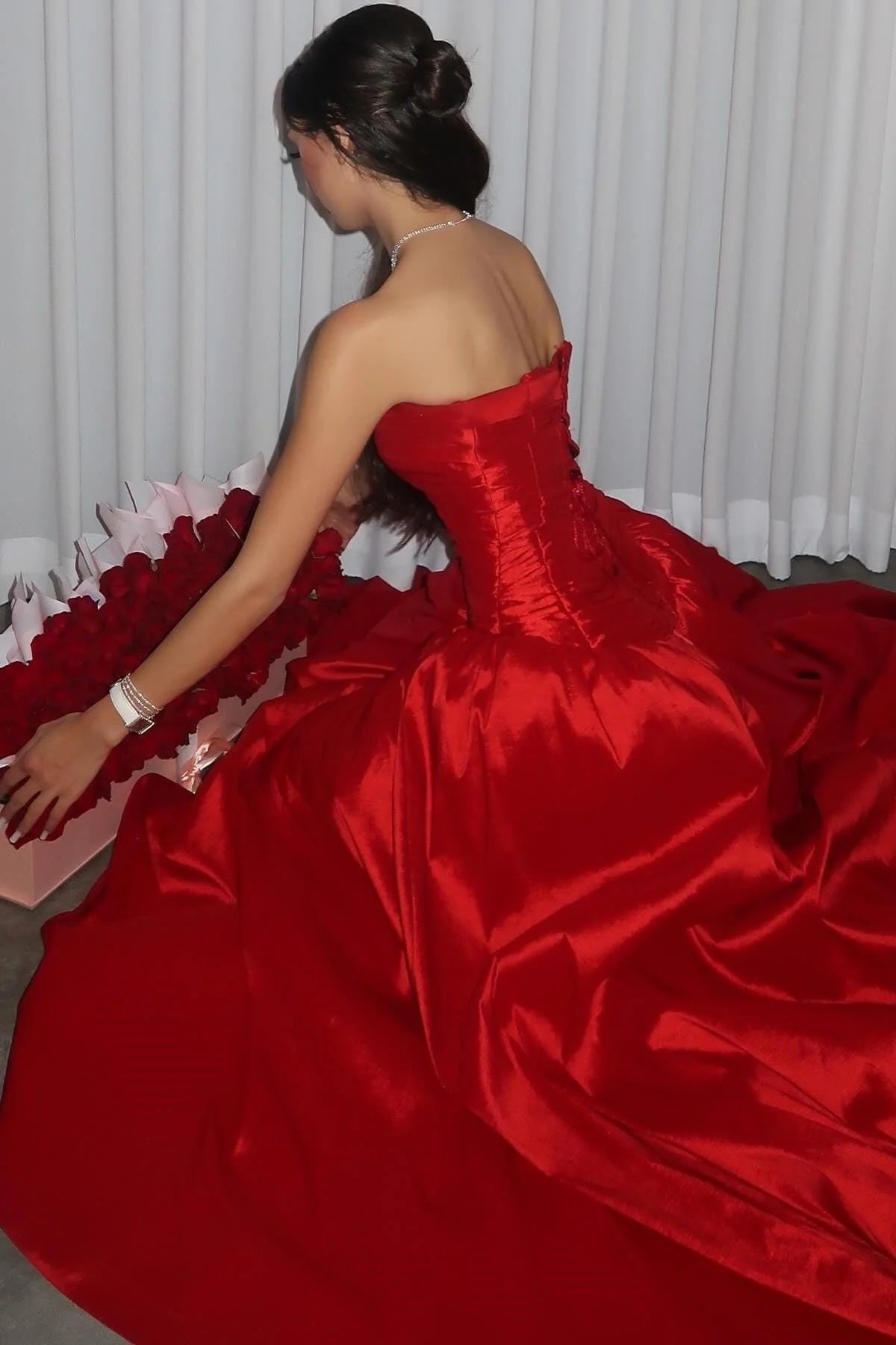 Glamorous Strapless Sleeveless Ruched Red Floor-Length Prom Dress
