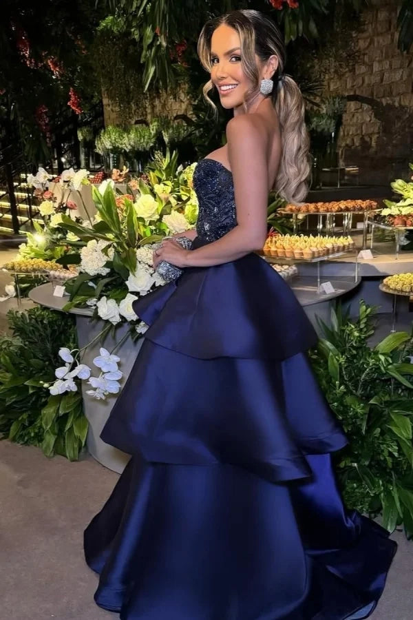 Glamorous Tiered Strapless Beaded Navy Blue Maxi Party Dress