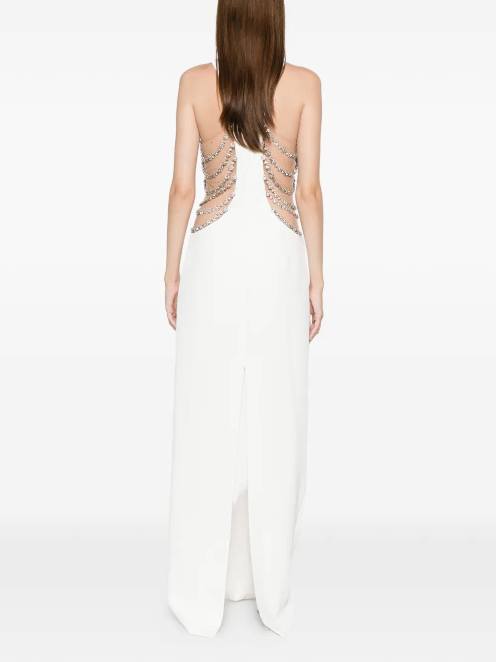 Glamorous White Crepe Cutout Crystal-Embellished Evening Dress