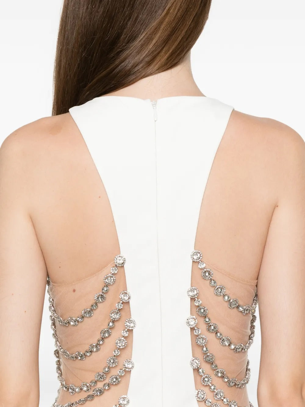 Glamorous White Crepe Cutout Crystal-Embellished Evening Dress