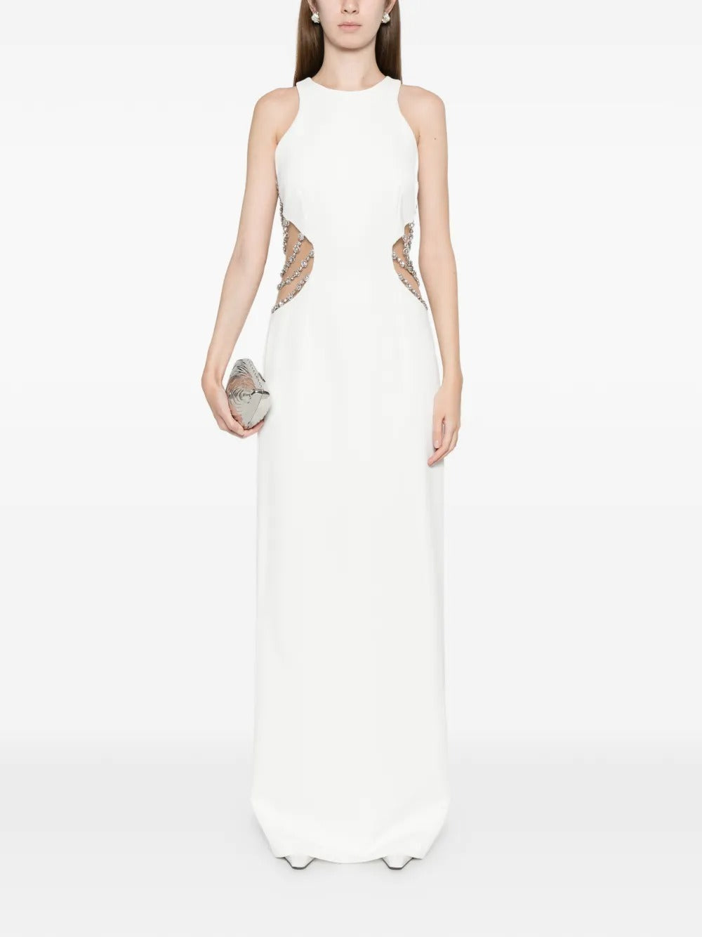 Glamorous White Crepe Cutout Crystal-Embellished Evening Dress