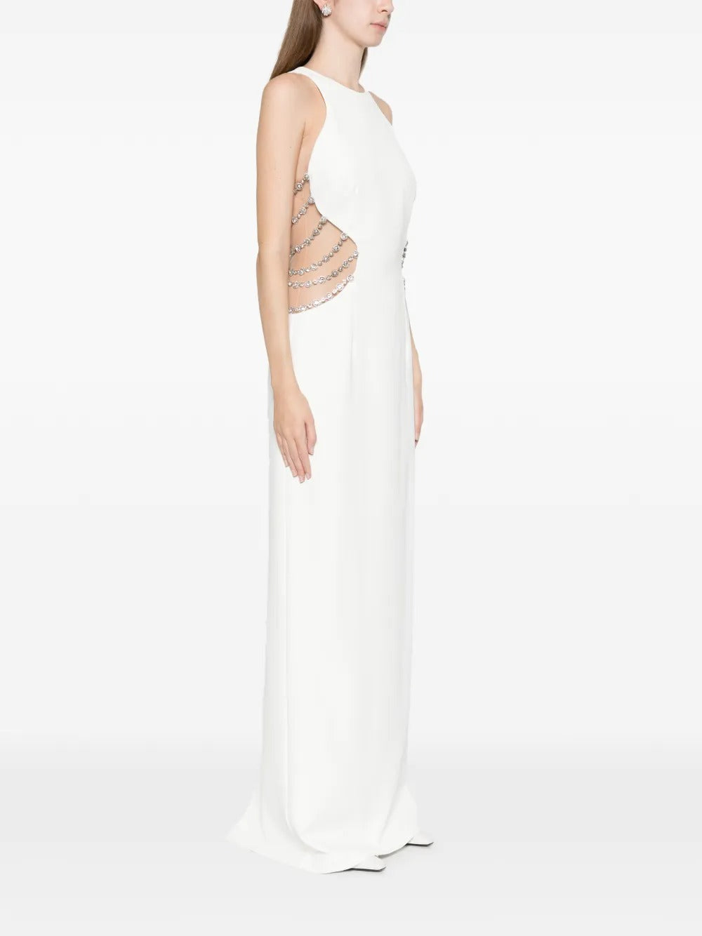 Glamorous White Crepe Cutout Crystal-Embellished Evening Dress