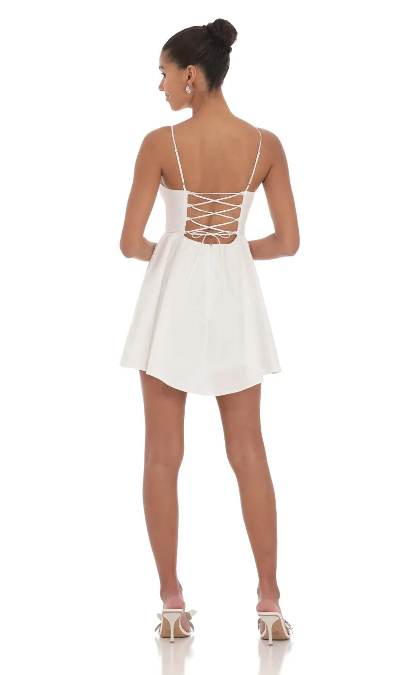 Glamorous White Homecoming Gown Spaghetti Straps Plunging V Corset Detail  Flared Mini Skirt for Homecoming Nights