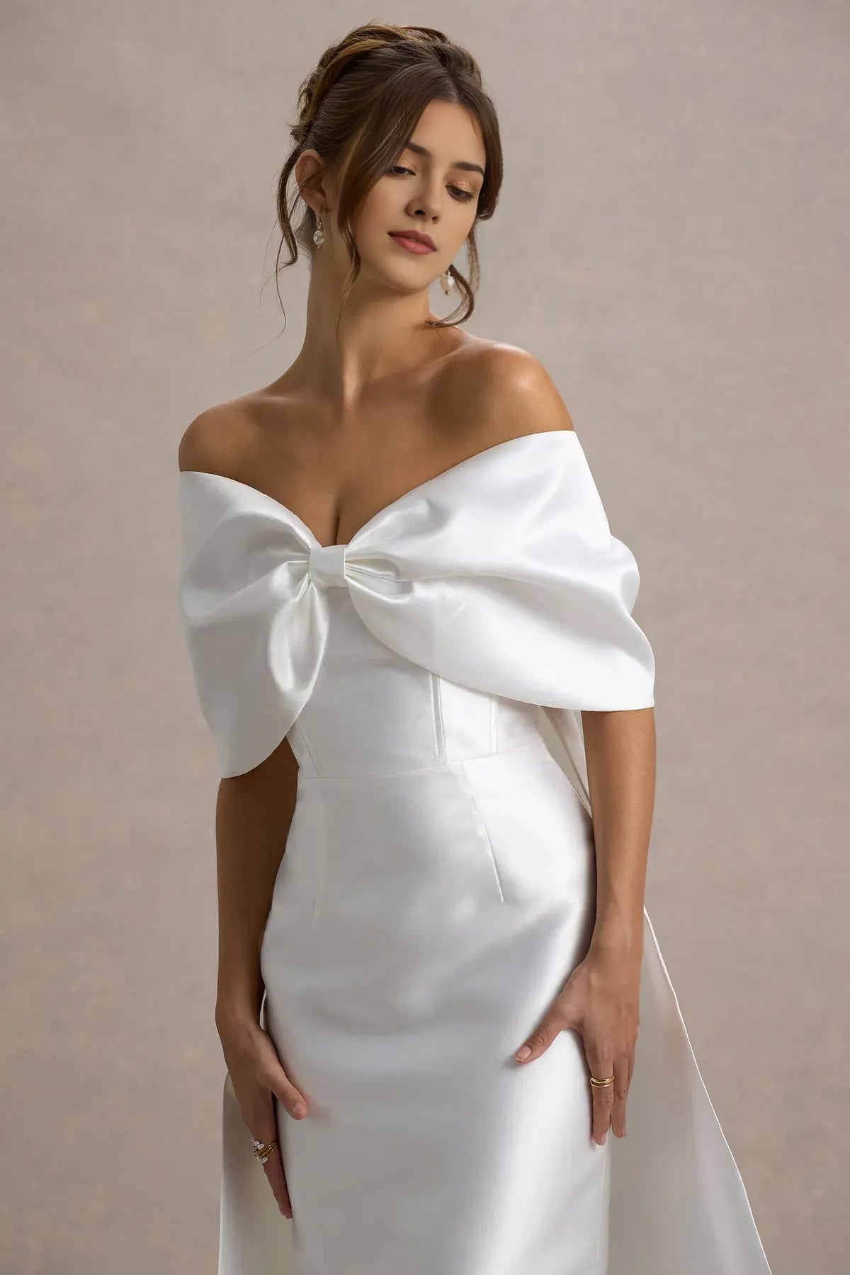 Glamorous White Off Shoulder Prom Dress Bow Accent Satin Fabric and Stunning Train for a Show  Stopping Look