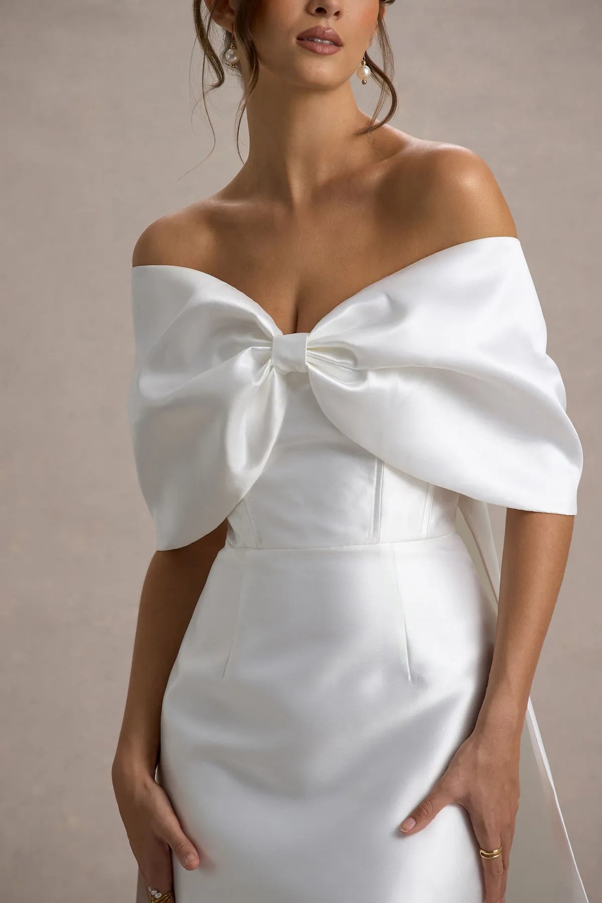 Glamorous White Off Shoulder Prom Dress Bow Accent Satin Fabric and Stunning Train for a Show  Stopping Look