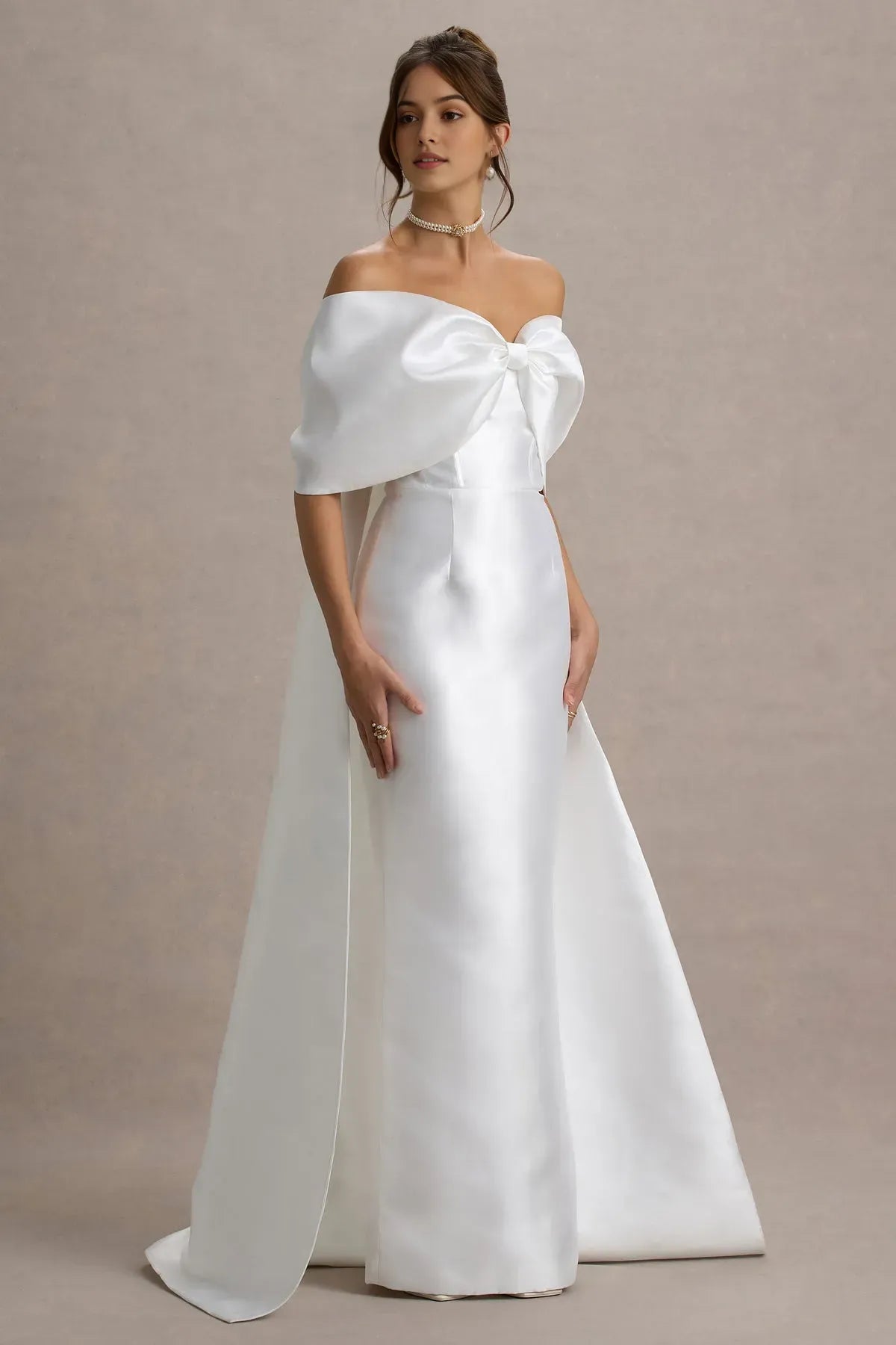 Glamorous White Satin Off - Shoulder Prom Dress with Bow Accent and Dramatic Train for Formal Galas