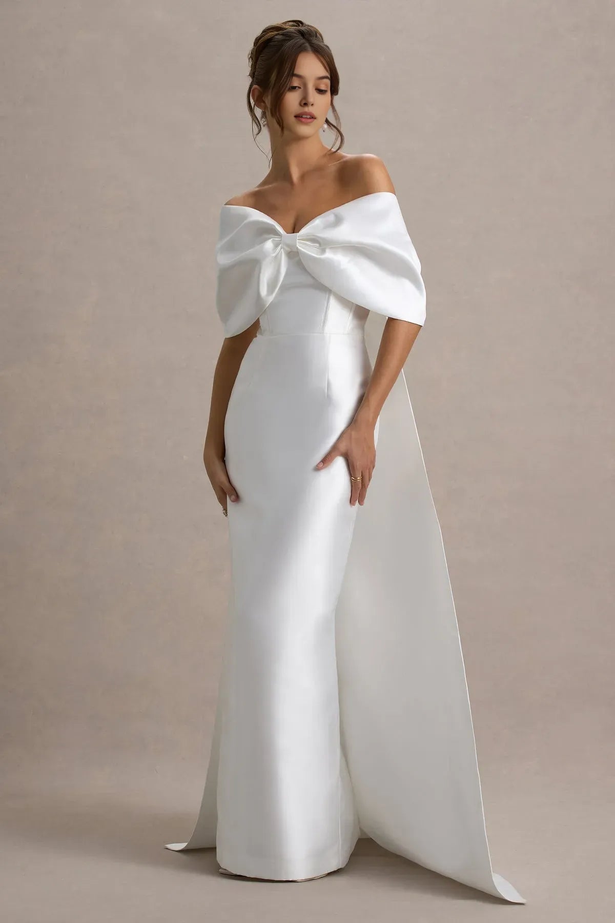 Glamorous White Satin Off - Shoulder Prom Dress with Bow Accent and Dramatic Train for Formal Galas