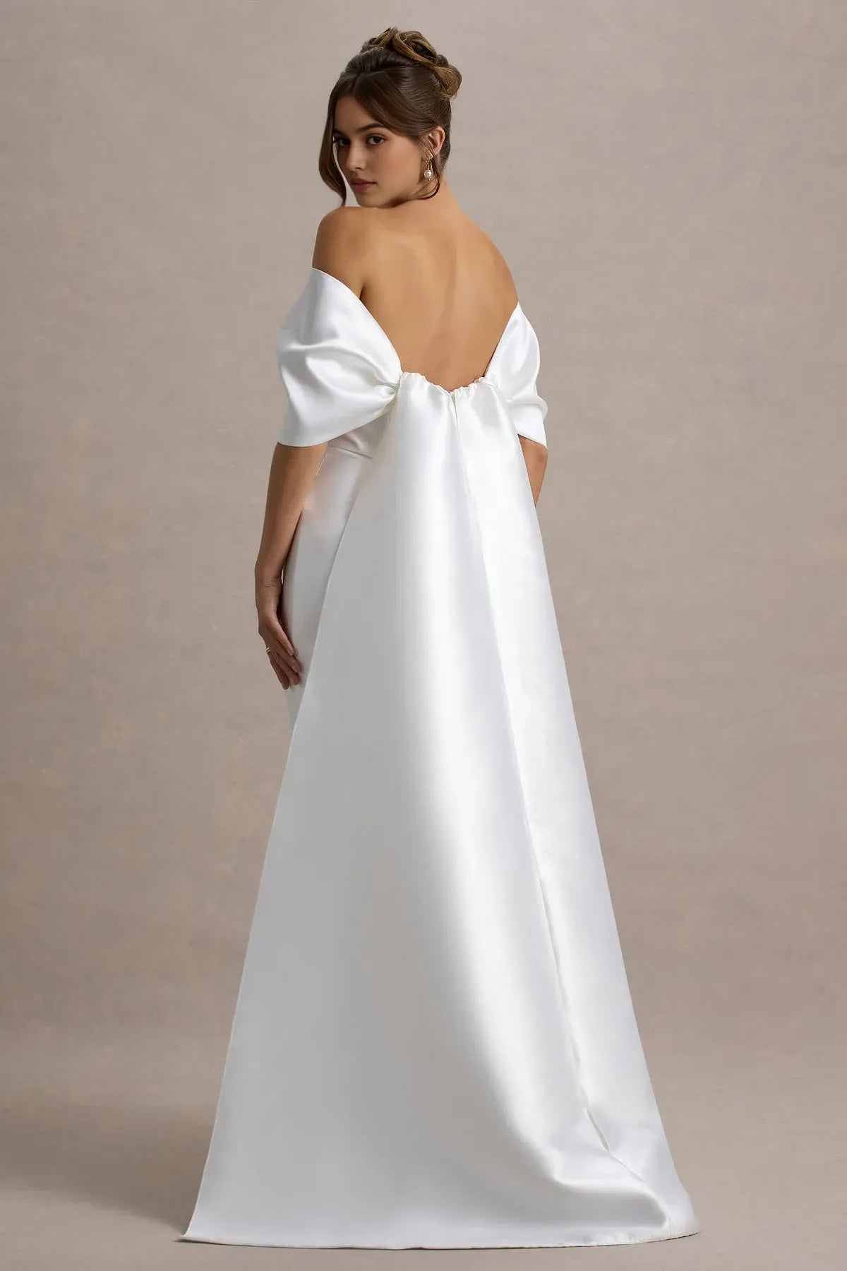 Glamorous White Satin Off - Shoulder Prom Dress with Bow Accent and Dramatic Train for Formal Galas
