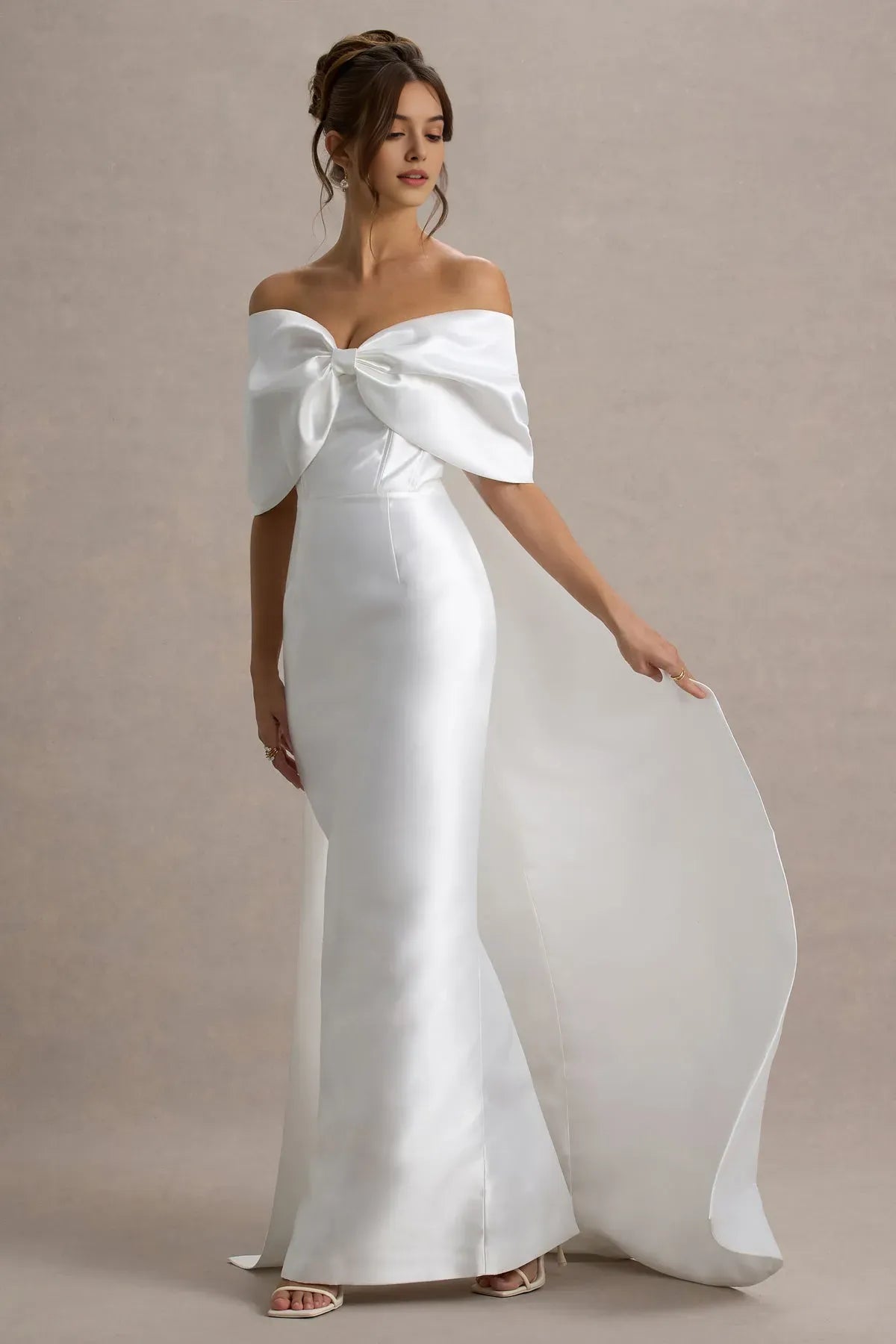 Glamorous White Satin Off - Shoulder Prom Dress with Bow Accent and Dramatic Train for Formal Galas