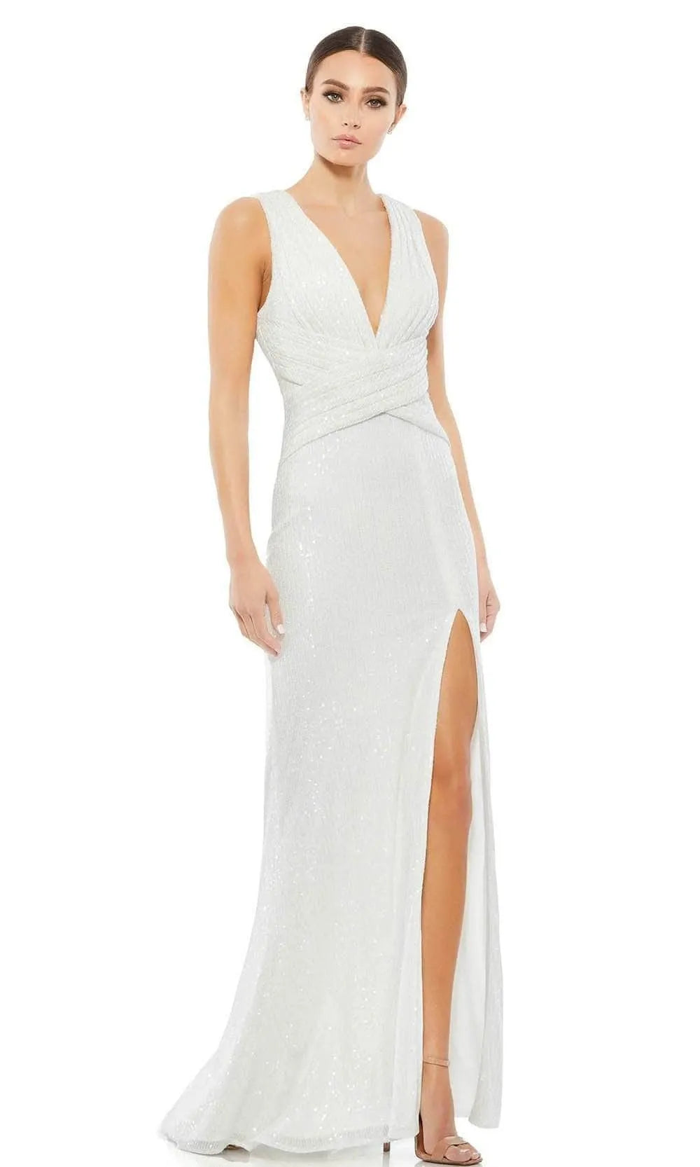 Glamorous White Sequin Evening Dress Plunging V - Neckline Cross Wrap Design and High Thigh Slit to Shine at Your Event