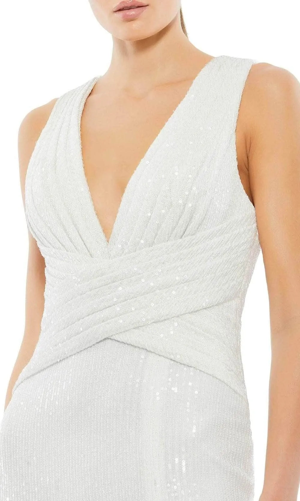 Glamorous White Sequin Evening Dress Plunging V - Neckline Cross Wrap Design and High Thigh Slit to Shine at Your Event