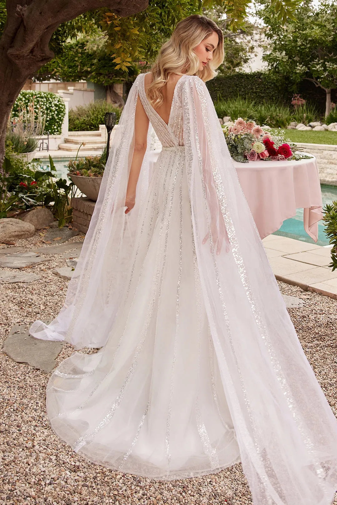 Glamorous White Sequin Tulle Prom Dress with Sheer Cape Sleeves and Deep V - Neckline for Enchanting Evenings