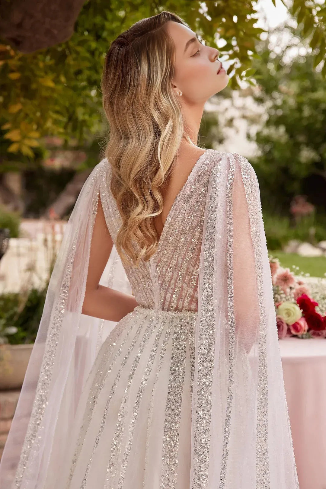Glamorous White Sequin Tulle Prom Dress with Sheer Cape Sleeves and Deep V - Neckline for Enchanting Evenings