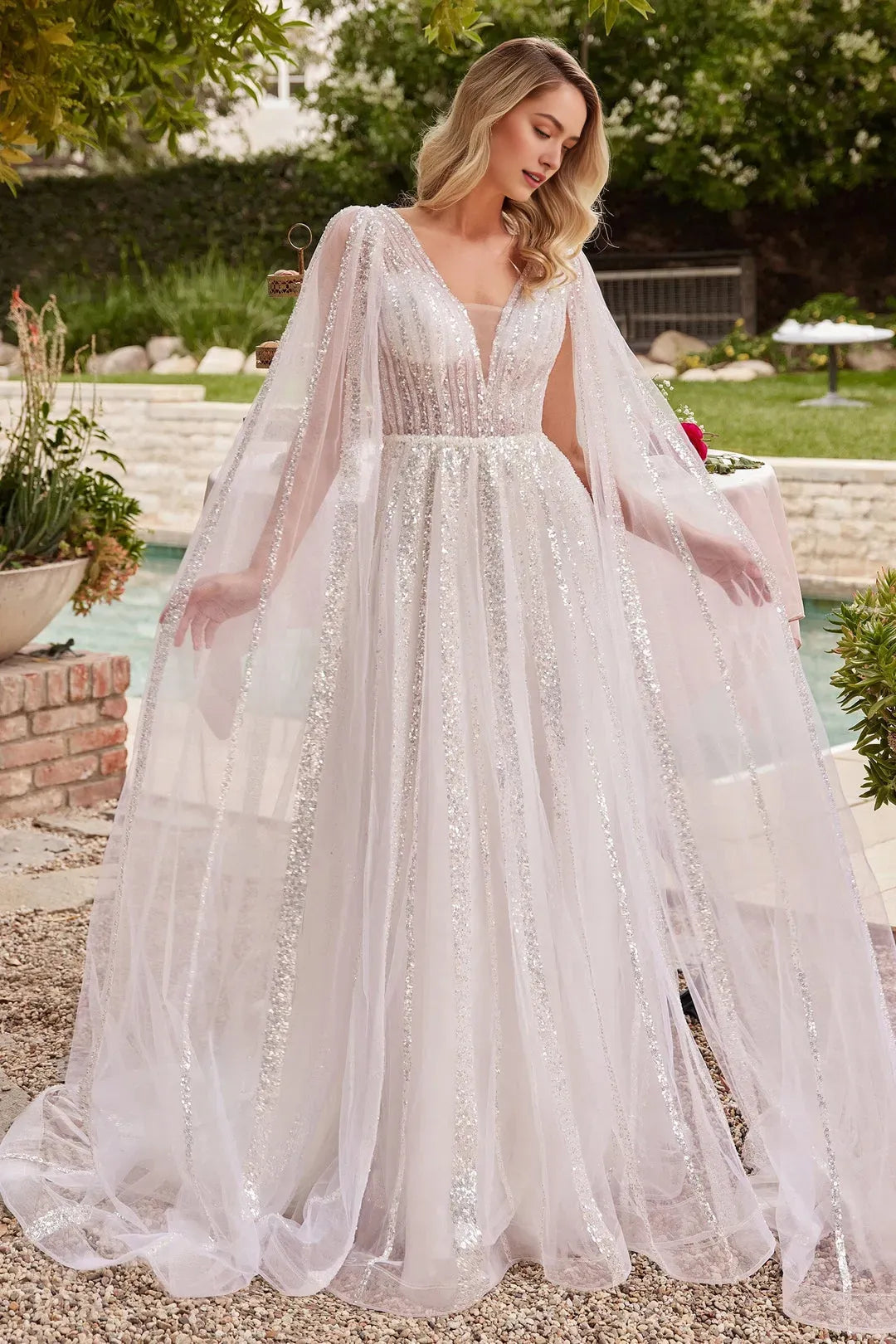 Glamorous White Sequin Tulle Prom Dress with Sheer Cape Sleeves and Deep V - Neckline for Enchanting Evenings