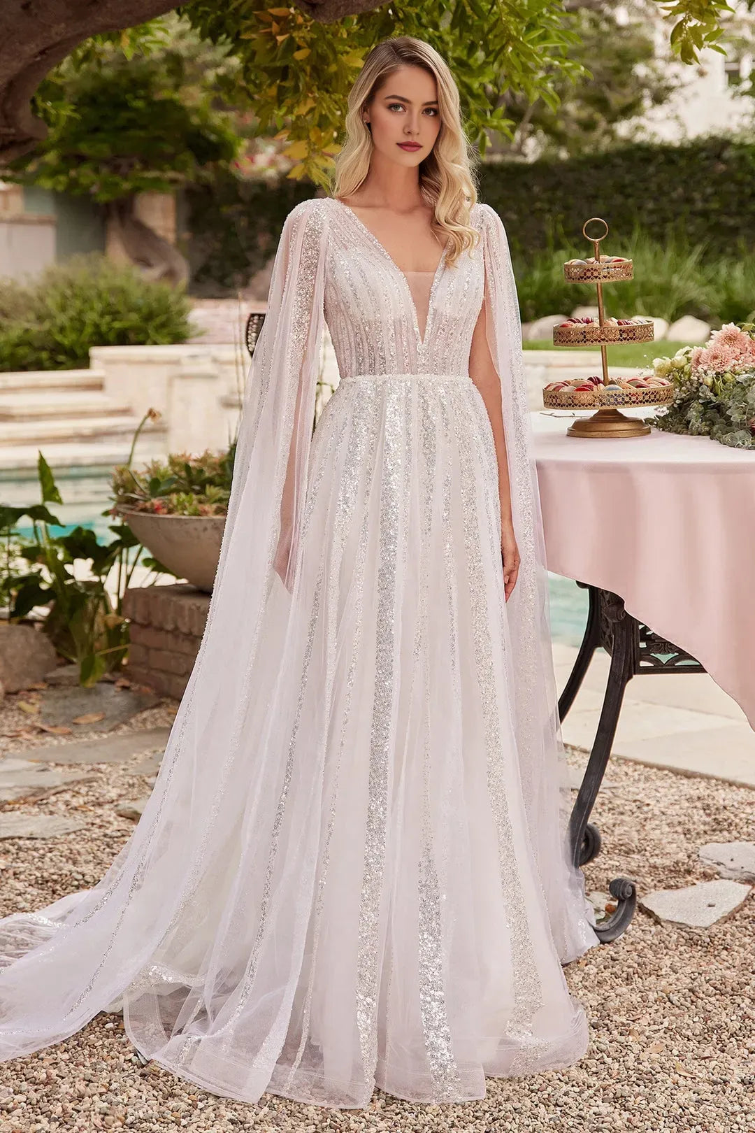 Glamorous White Sequin Tulle Prom Dress with Sheer Cape Sleeves and Deep V - Neckline for Enchanting Evenings