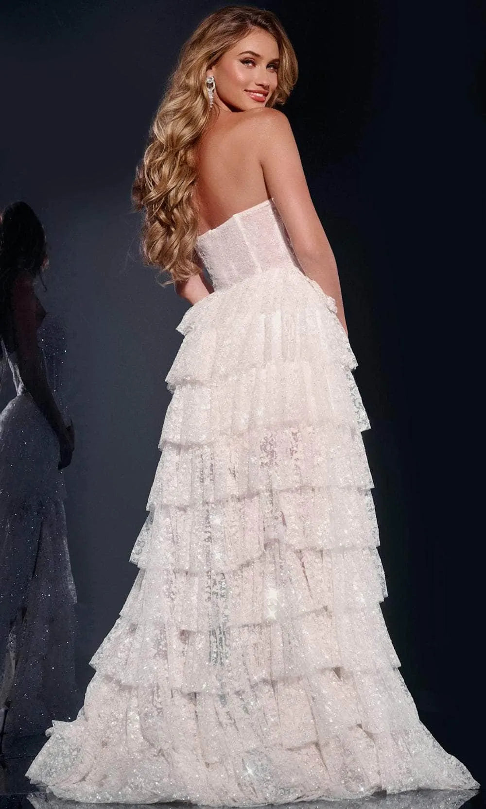 Glamorous White Strapless Tiered Prom Gown with Sparkling Sequin  Embroidered Lace and High Side Slit for Enchanting Formal Occasions