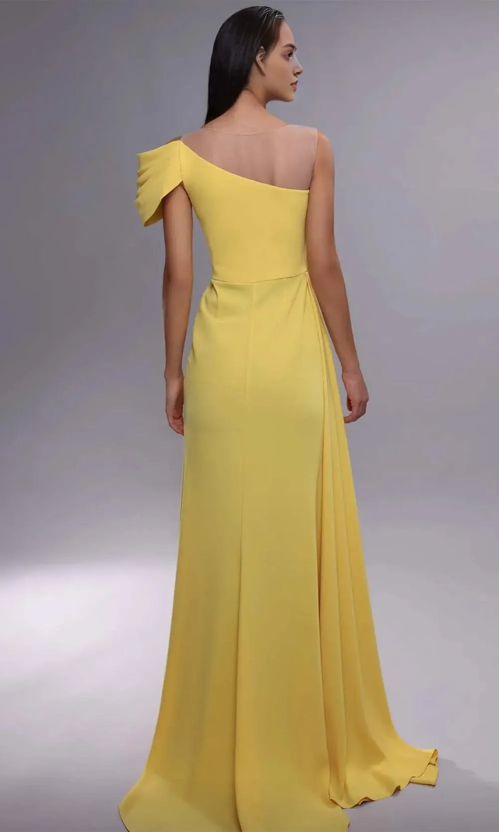 Glamorous Yellow Evening Dresses with Sheer Illusion Neckline Beaded Embellishments Asymmetric Draping and High Side Slit