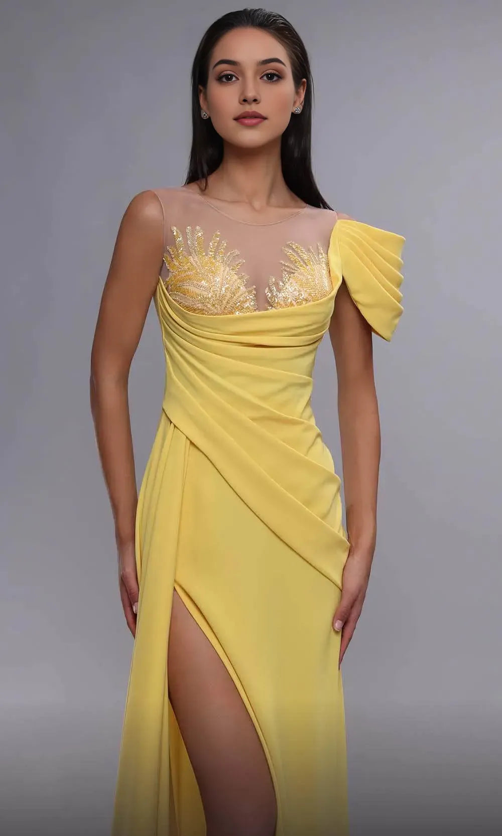 Glamorous Yellow Evening Dresses with Sheer Illusion Neckline Beaded Embellishments Asymmetric Draping and High Side Slit