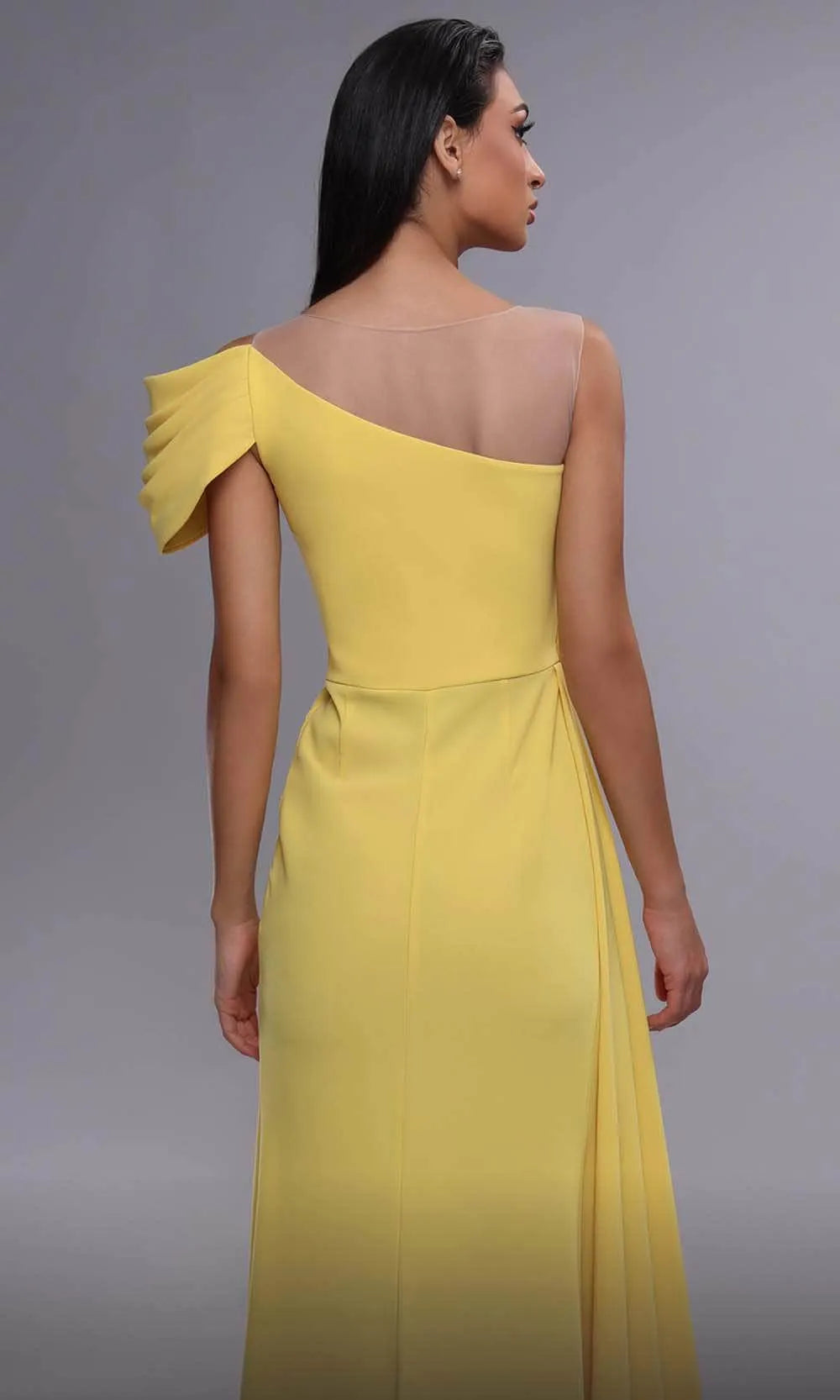 Glamorous Yellow Evening Dresses with Sheer Illusion Neckline Beaded Embellishments Asymmetric Draping and High Side Slit