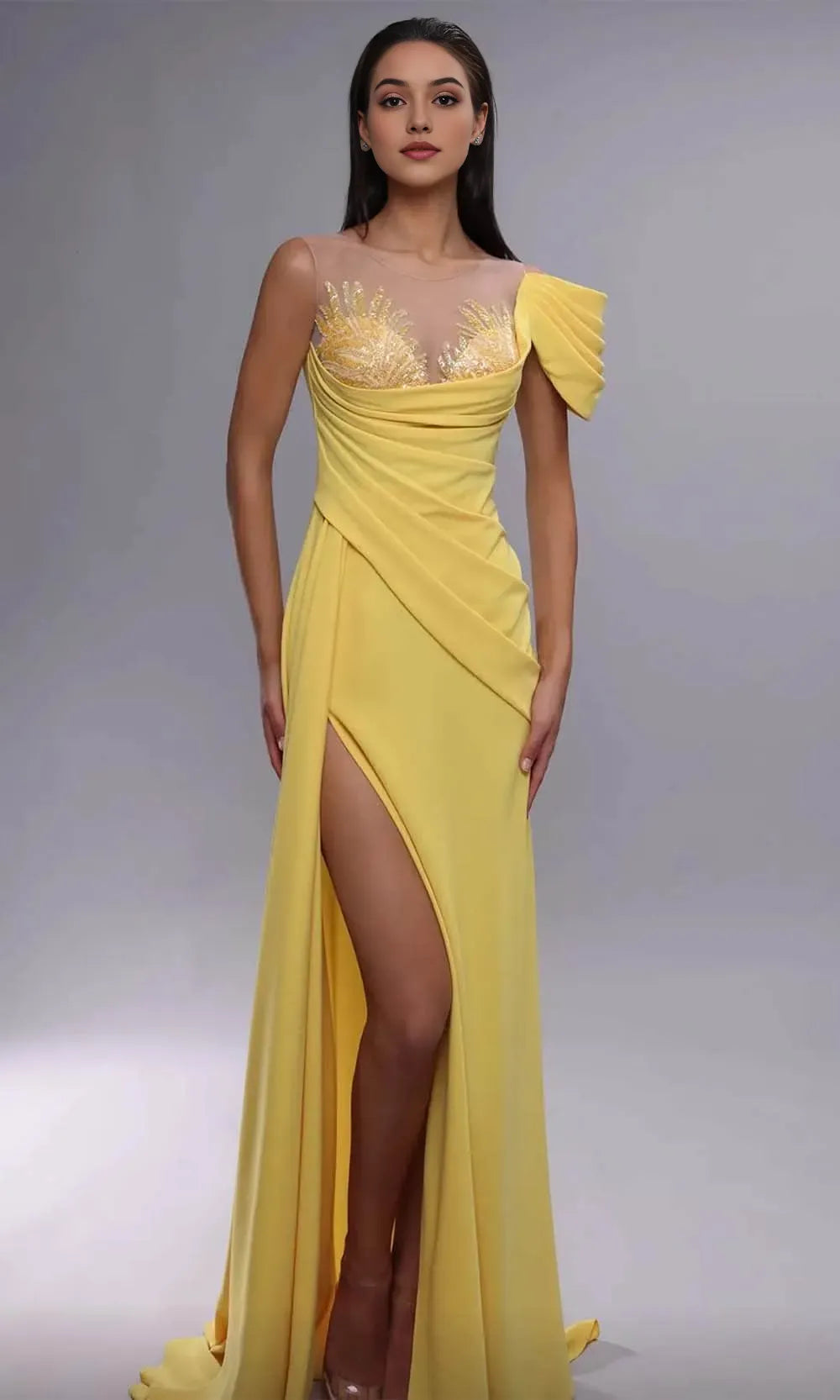 Glamorous Yellow Evening Dresses with Sheer Illusion Neckline Beaded Embellishments Asymmetric Draping and High Side Slit