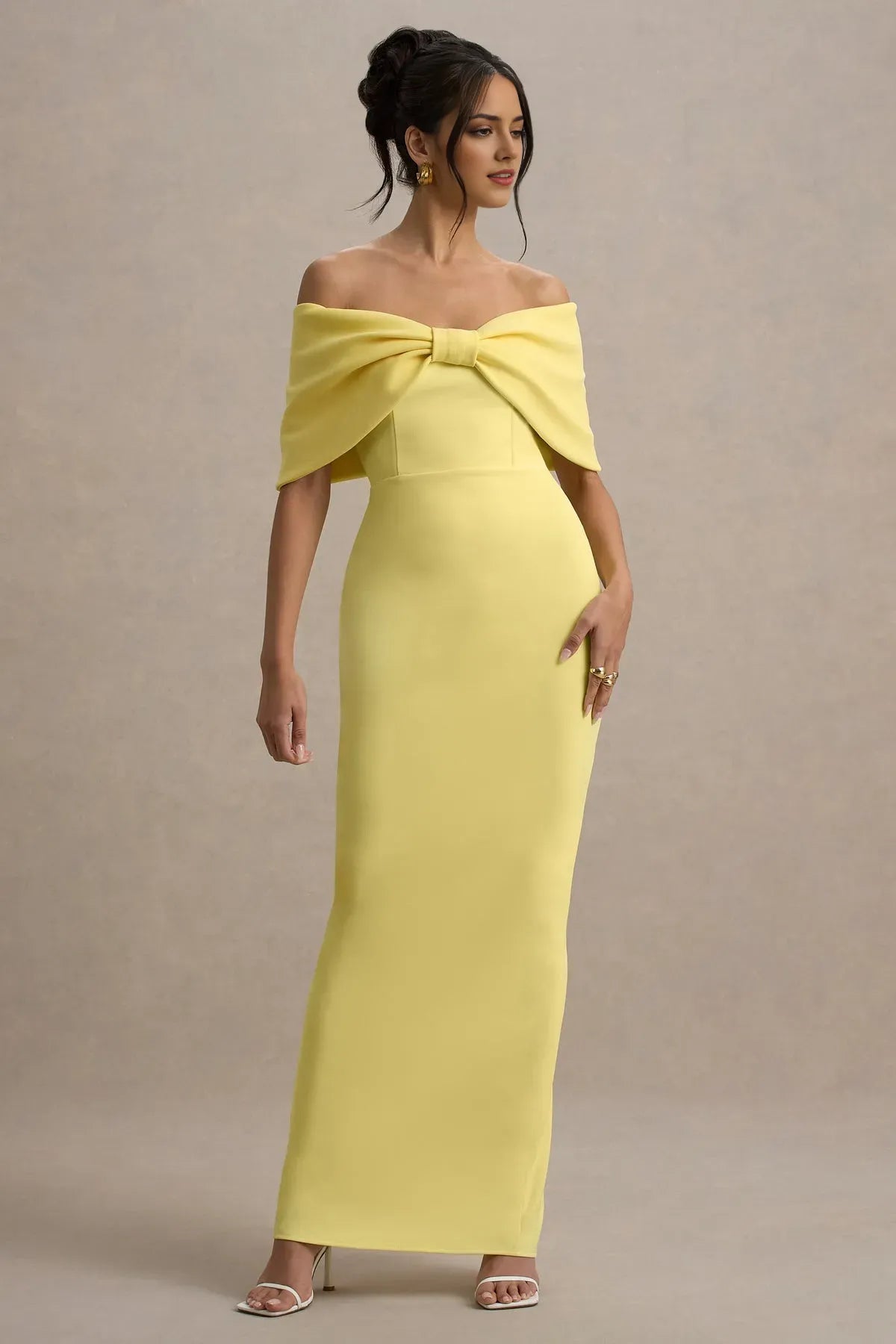 Glamorous Yellow Off Shoulder Prom Dress with Bow Shaped Capelet, Bodycon Silhouette Floor - Length Design  Ideal for Formal Galas Evening Balls Sophisticated Soirées