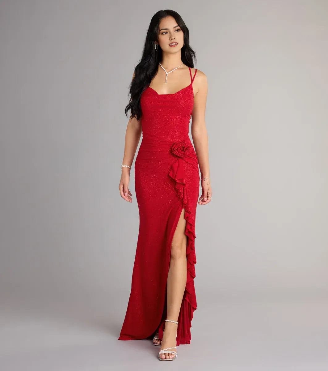 Glamorous Red Mermaid Cowl Neckline Spaghetti Straps Crisscross-Strap Floor-Length Glitter Ruffle Slit Prom Dress