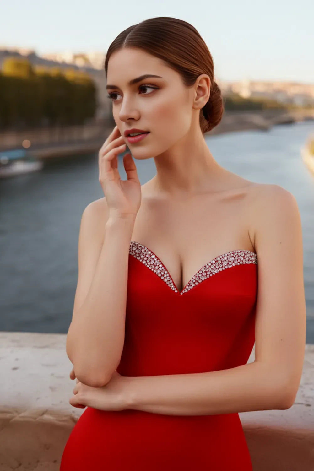 Glamorous Red  Mermaid Sweetheart Strapless Back Zip Floor-Length Satin Prom Dress with Beading