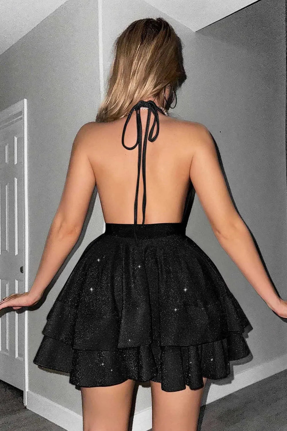 Glitter Black Halter Tiered A Line Short Homecoming Dress