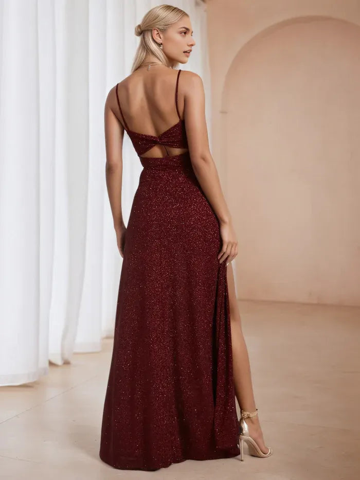 Glitter Burgundy Spaghetti Straps Formal Dresses with Split
