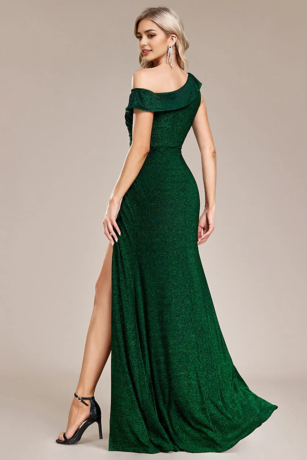 Glitter Dark Green Mermaid One Shoulder Long Evening Dresses with Slit