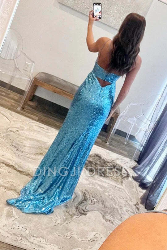 DingJiDress Formal Dress Glitter Fitted Sweetheart Spaghetti Straps Side Fork With Train Charming Prom Dress