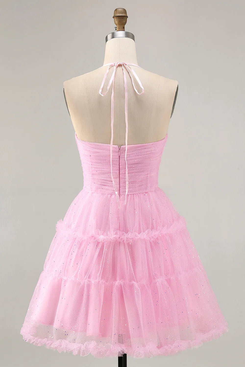 Glitter Pink Ruffled Short Homecoming Dress with Keyhole