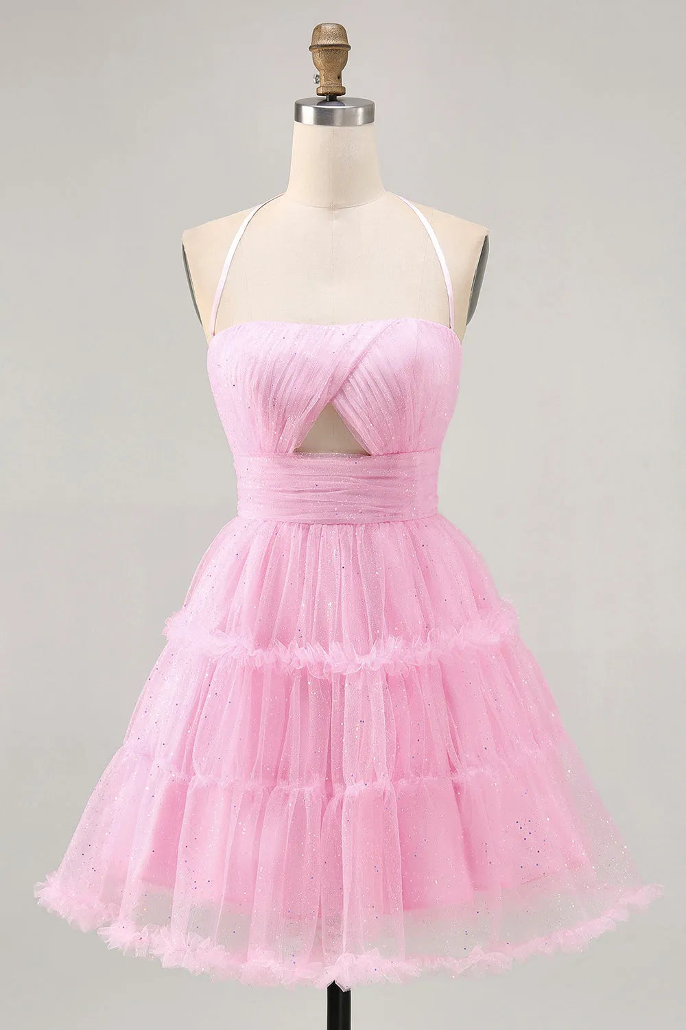 Glitter Pink Ruffled Short Homecoming Dress with Keyhole