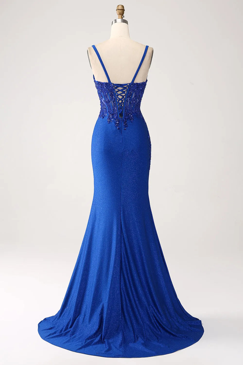 Glitter Royal Blue Mermaid Spaghetti Straps Long Party Dress with Appliques