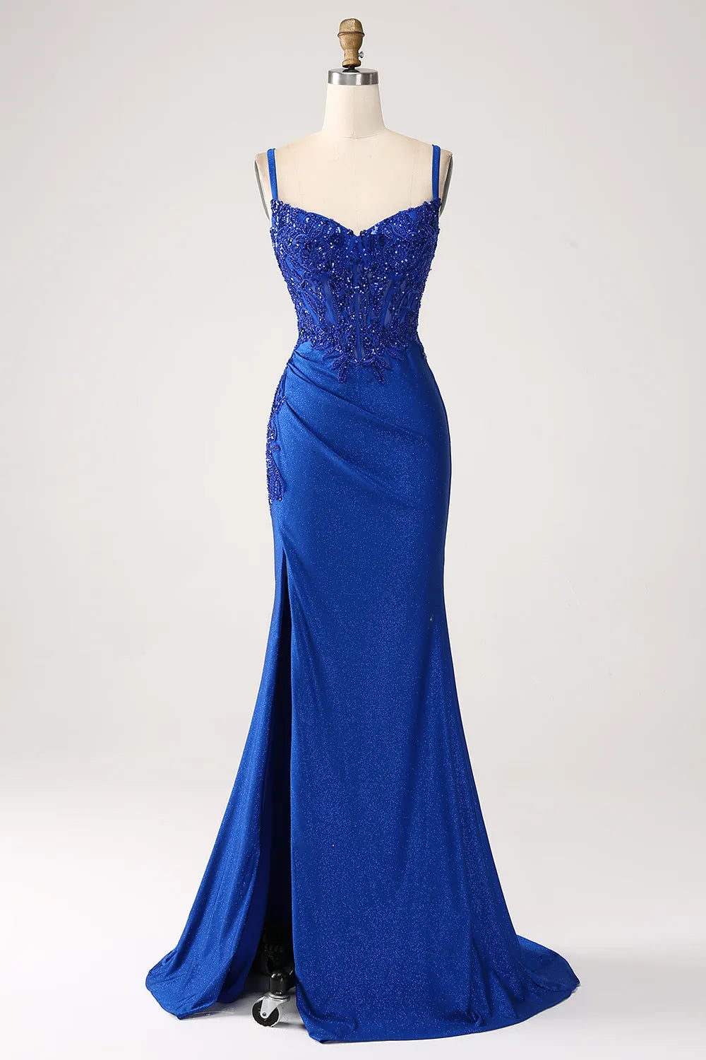 Glitter Royal Blue Mermaid Spaghetti Straps Long Party Dress with Appliques