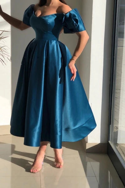 Glorious Blue Off-the-shoulder A-Line Ankle-Length Satin Evening Dresses ?