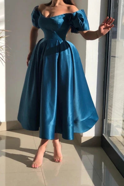Glorious Blue Off-the-shoulder A-Line Ankle-Length Satin Evening Dresses ?