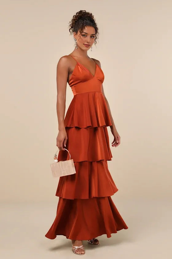 Going with Elegance Slate Blue Satin Tiered Gown Evening Dresses