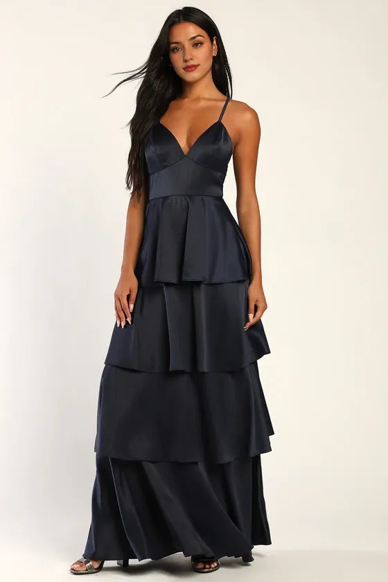 Going with Elegance Slate Blue Satin Tiered Gown Evening Dresses