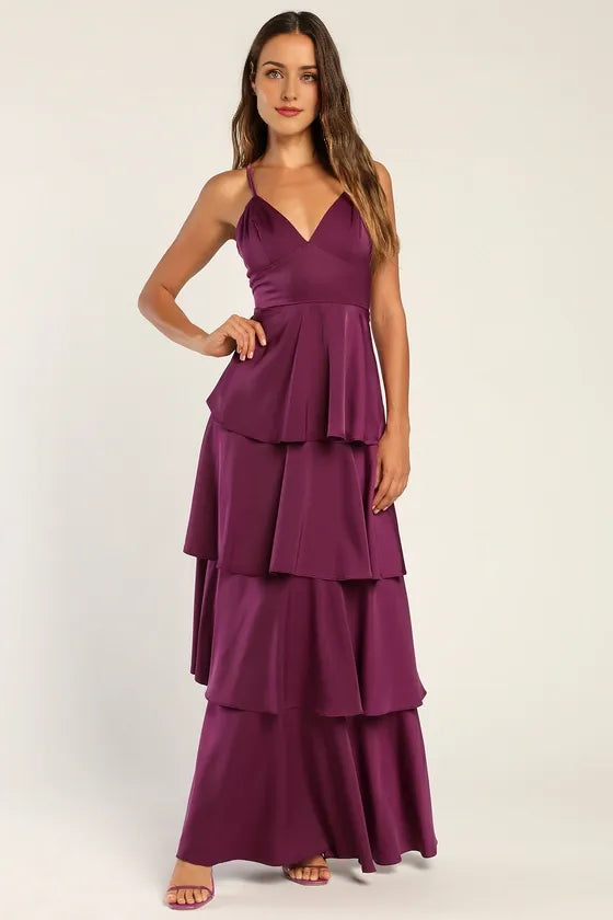 Going with Elegance Slate Blue Satin Tiered Gown Evening Dresses
