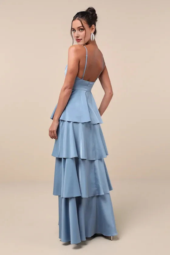 Going with Elegance Slate Blue Satin Tiered Gown Evening Dresses