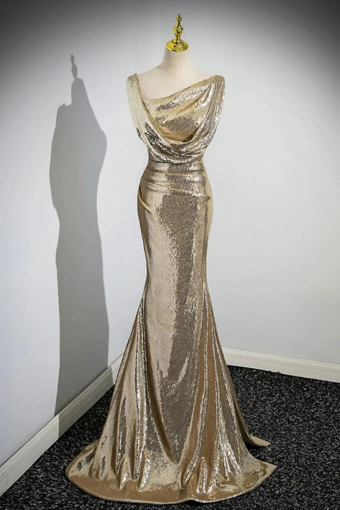 Gold Sequins Long Prom Dress Mermaid One Shoulder Evening Party Dress