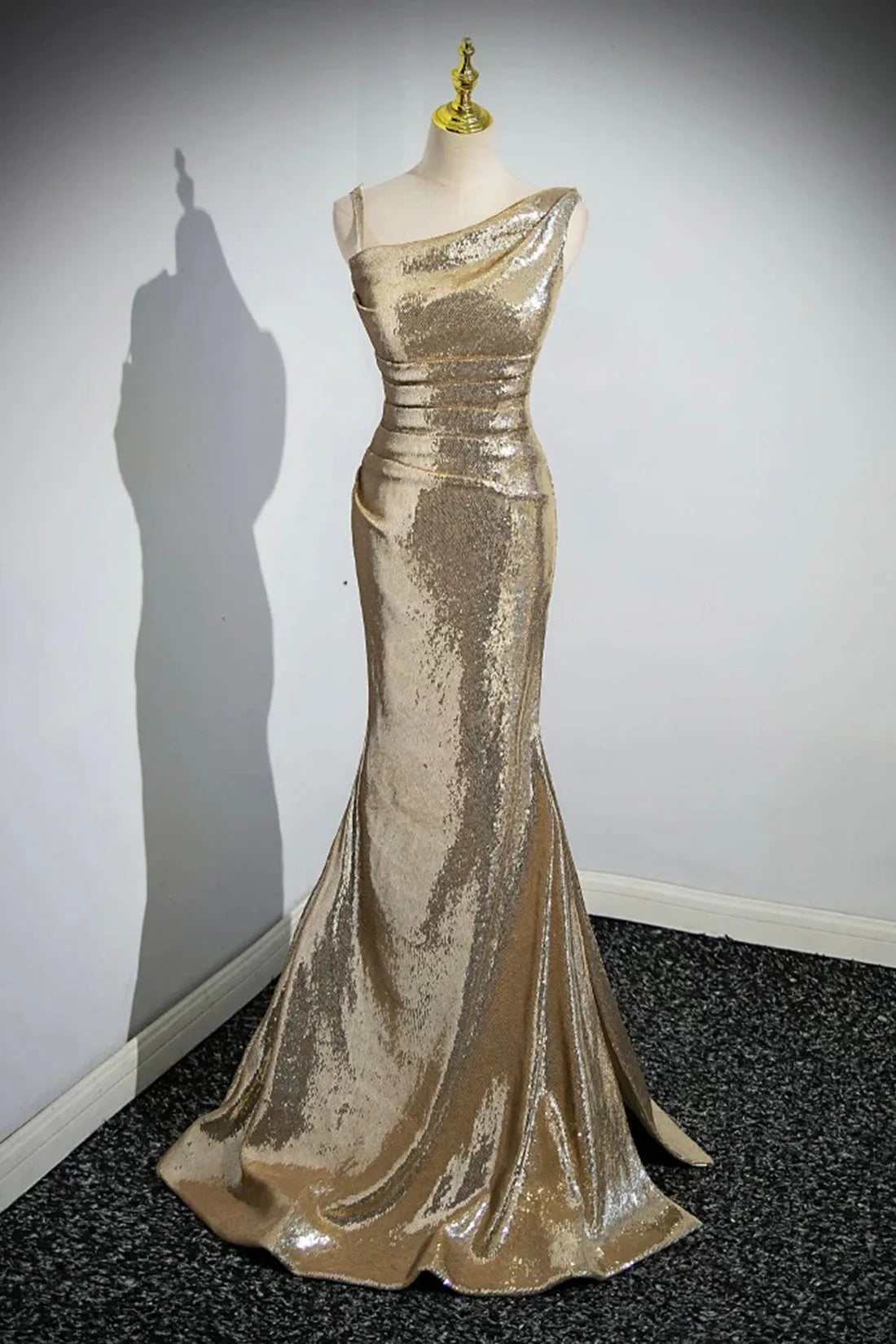 Gold Sequins Long Prom Dress Mermaid One Shoulder Evening Party Dress