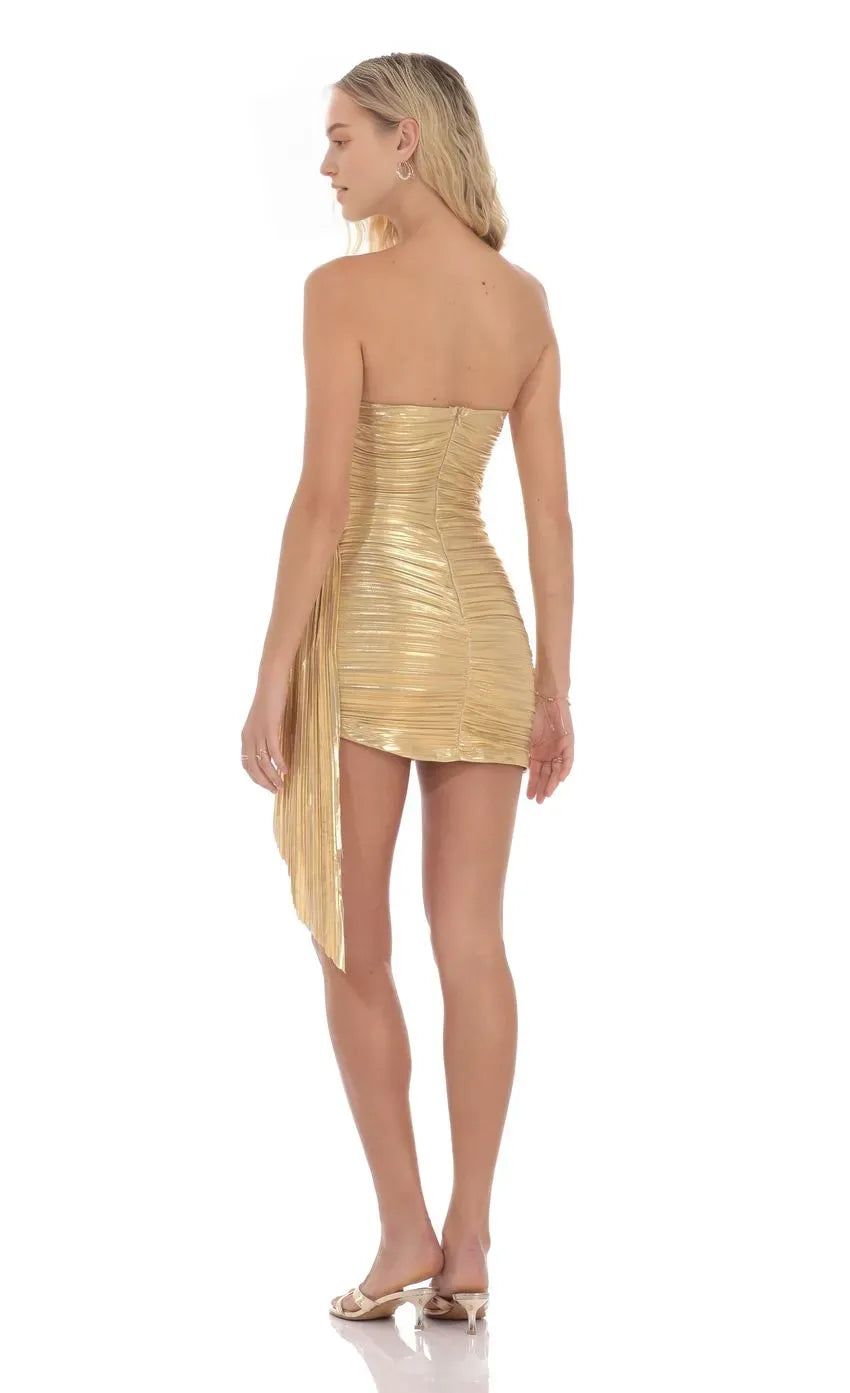Gold Strapless Ruched Homecoming Dress Draped Sash Detail Metallic Shine Perfect for Glamorous School Dances and Prom Nights