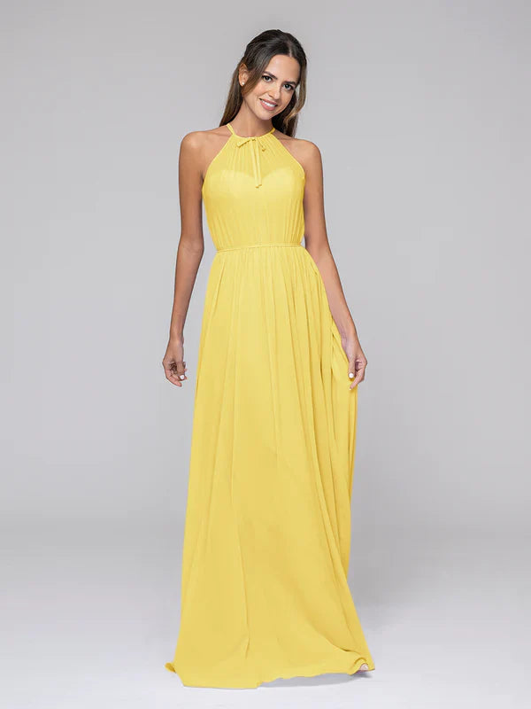 DingJiDress Long Chiffon Halter Bridal Party Dresses With Pleated Bodice Bridesmaid Dresses