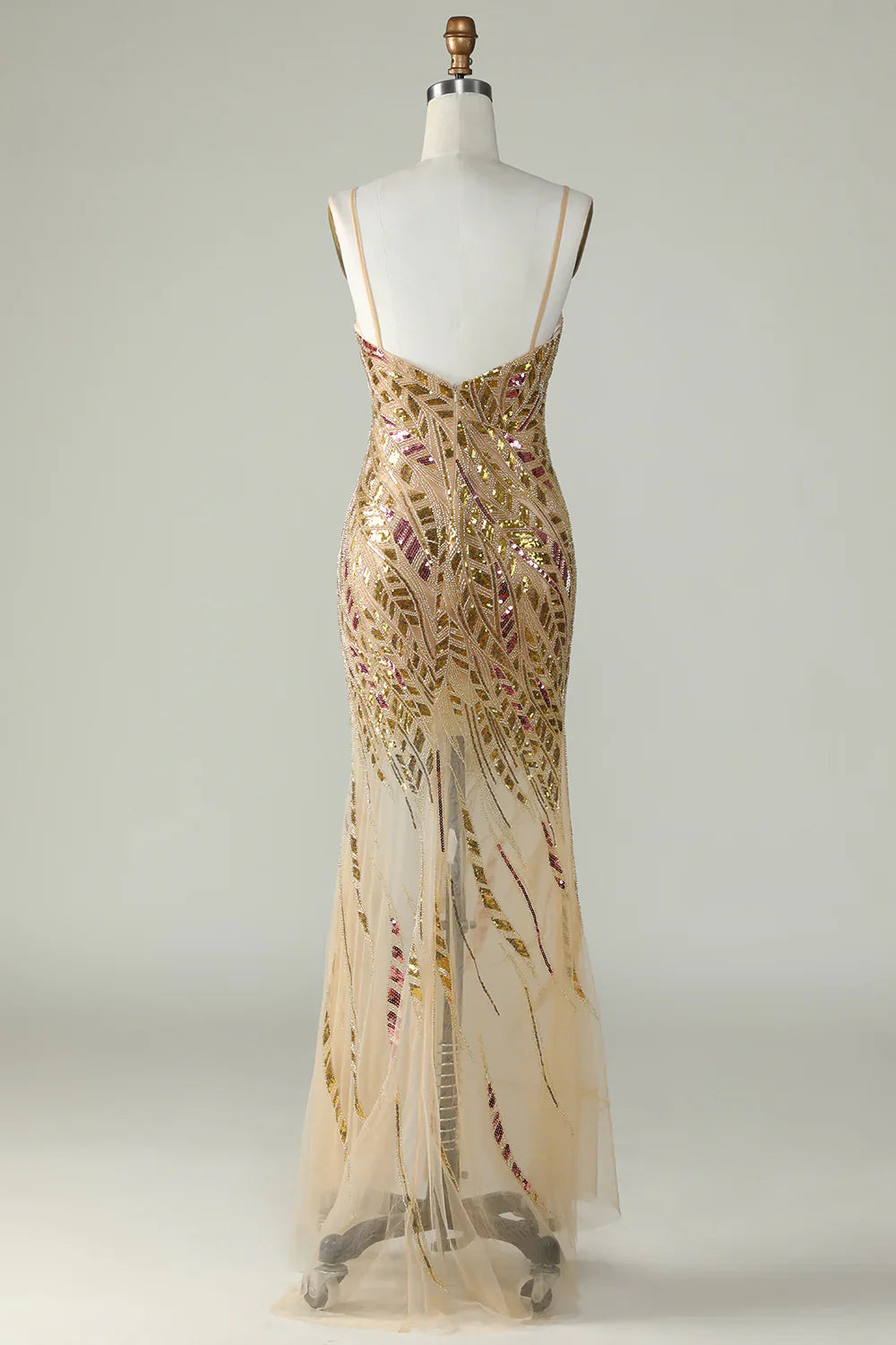 DingJiDress Bling Mermaid Spaghetti Straps Golden Sequins Long Prom Dress with Split Front